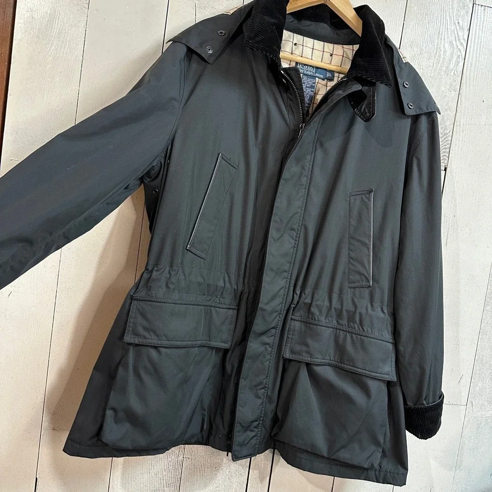 Polo Ralph Lauren Mens Field Jacket Black Corduroy Collar Leather Trim Vtg Large